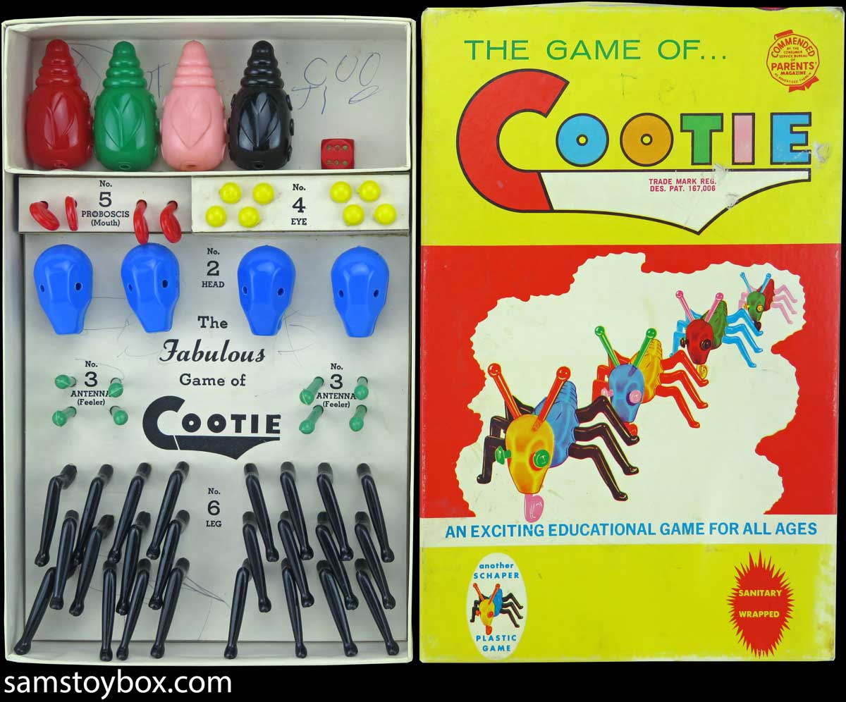 The box and contents of 1960s Cootie