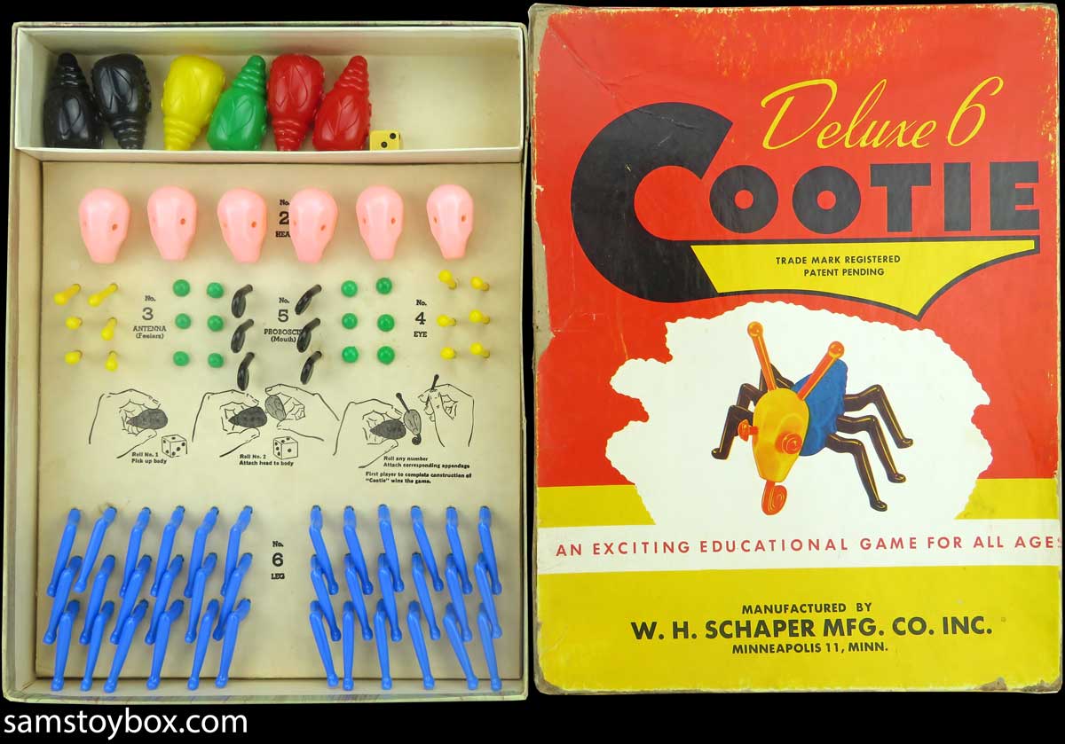 The box and contents of Deluxe 6 Cootie