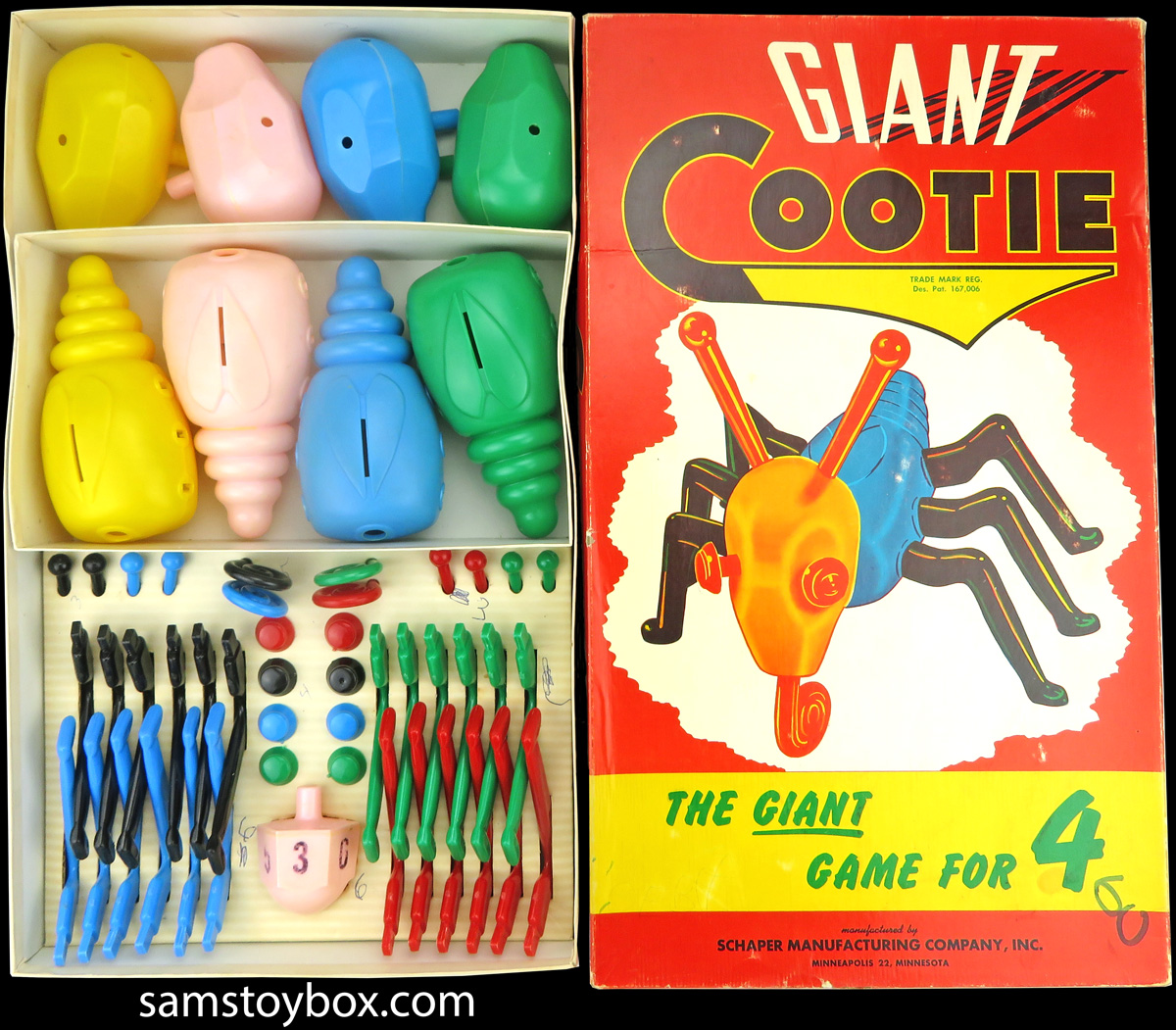The box and contents of 1950s Giant Cootie